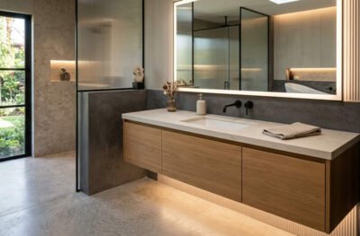 Modern custom floating wood vanity with LED backlit mirror and quartz top representing 2027 bathroom design trends