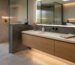 Modern custom floating wood vanity with LED backlit mirror and quartz top representing 2027 bathroom design trends