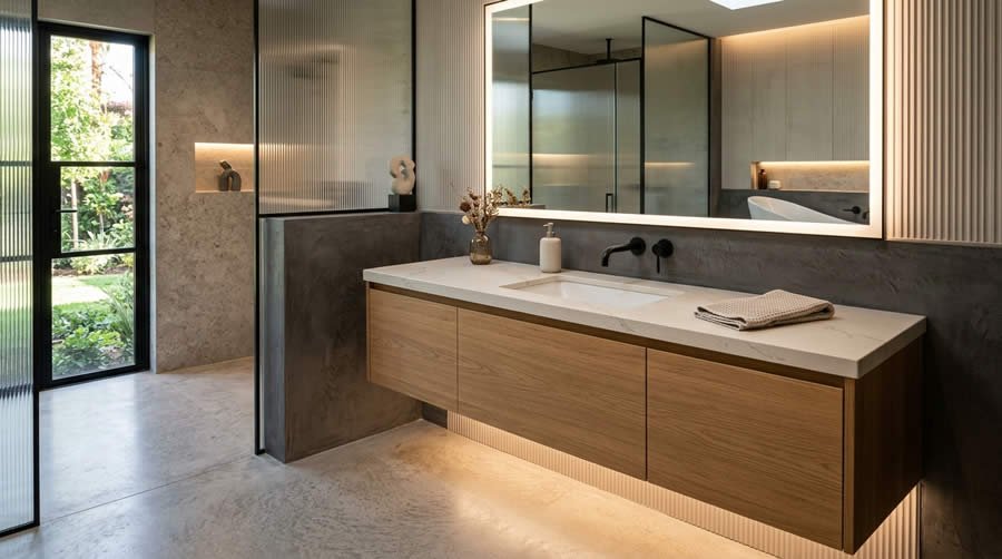 Modern custom floating wood vanity with LED backlit mirror and quartz top representing 2027 bathroom design trends