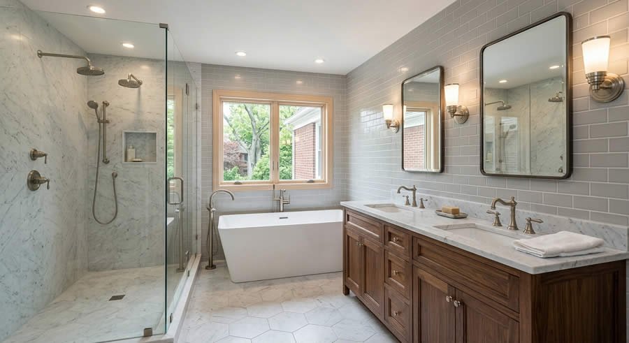 Remodeled bathroom with new tile and fixtures in Peapack-Gladstone, NJ