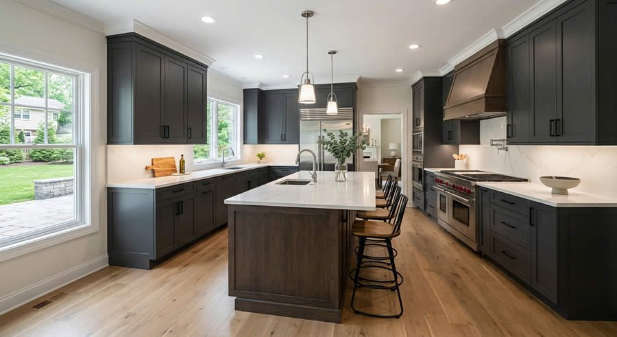 Open-concept kitchen and main living room home remodeling project completed in Basking Ridge, NJ