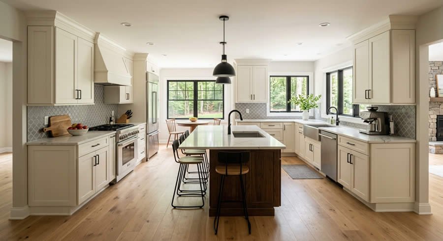 Remodeled kitchen with new cabinets and countertops in a Watchung, NJ home