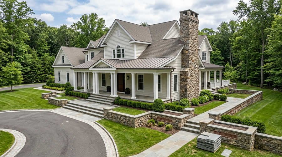 Home with renovated front porch and stone masonry walkway in Far Hills, NJ